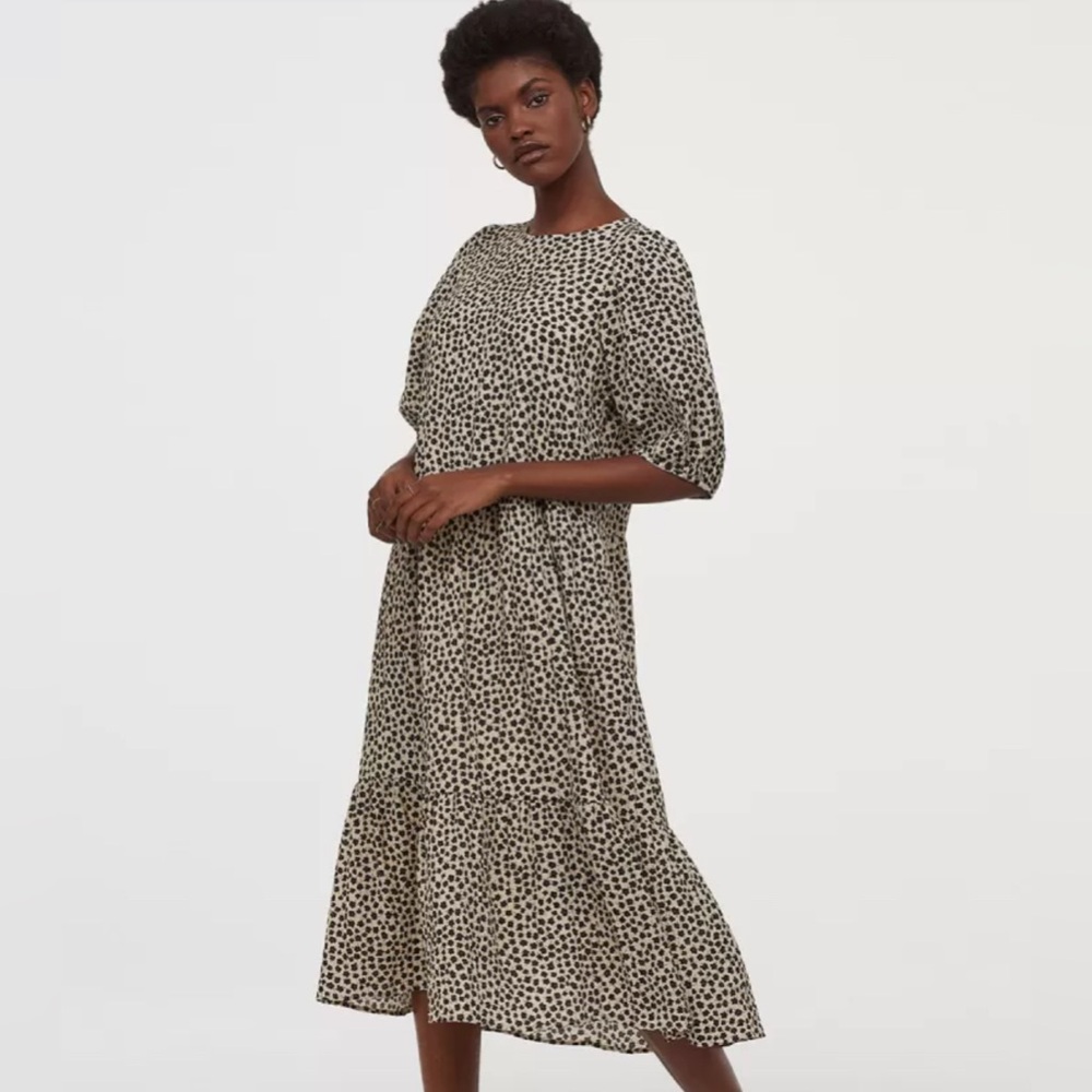 H&M Black and Cream Tiered Puff Sleeve Midi Dress